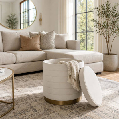 Stool - Cream Velvet Upholstery Backless with Storage, 19 in