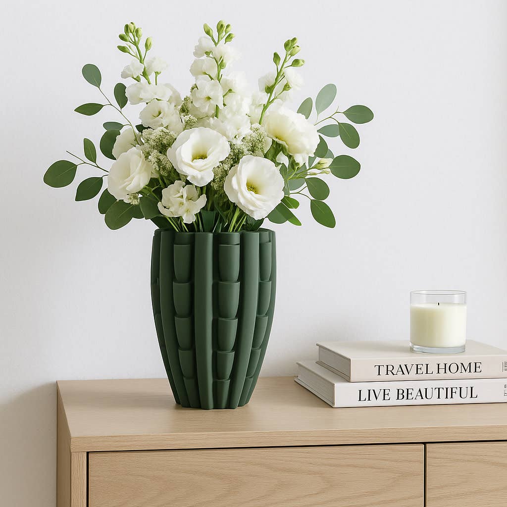 Decorative Vase - Green Porcelain 3D Printed Bold, 15 in.