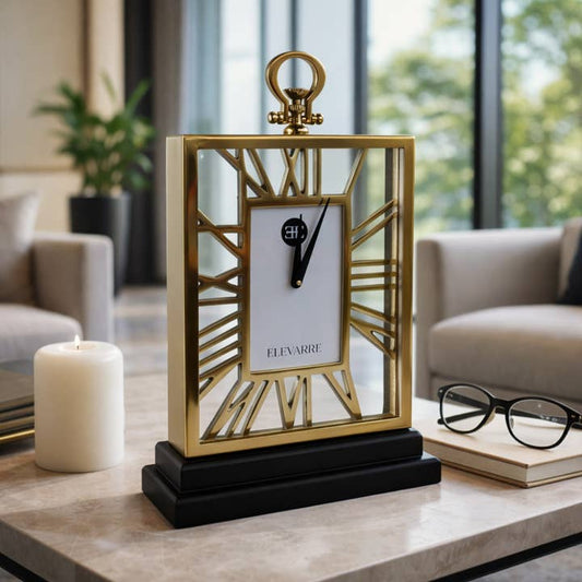Table Clock - Gold Metal with Decorative Glass Face, 17 in.
