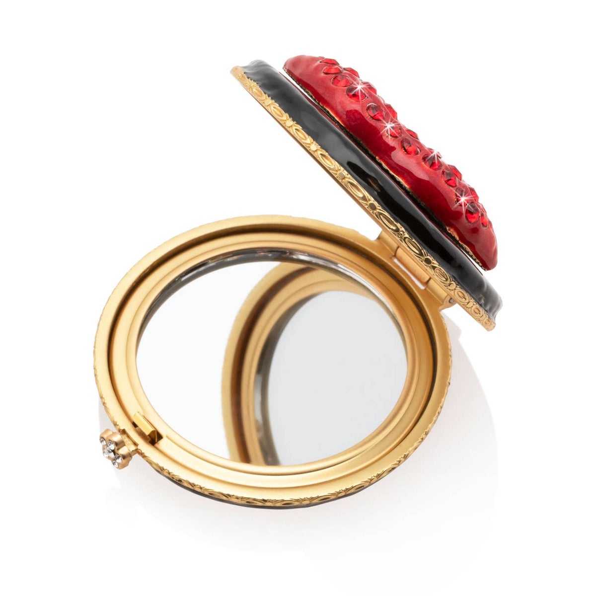 Jay Strongwater Monroe Lip Black & Red Compact Mirror, Pavé Love Swarovski Crystal Enamel Gold-Finished