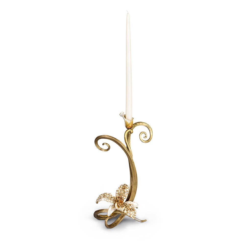 Jay Strongwater Mirabelle Orchid Golden Candlestick Holder, Leaf Swarovski Crystal Enamel Gold-Finished