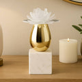 Sculpture - Gold/White Glass Flower On Marble Base, 10 in.