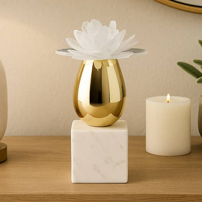 Sculpture - Gold/White Glass Flower On Marble Base, 10 in.