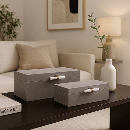 Boxes Set of 2 - Gray Suede Moonstone Hardware, 12/14 in.