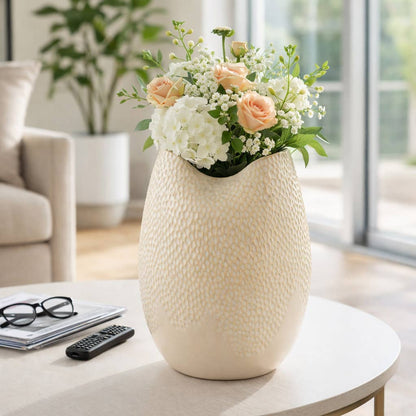 Decorative Vase - Cream Earthenware Textured Oval, 12 in.