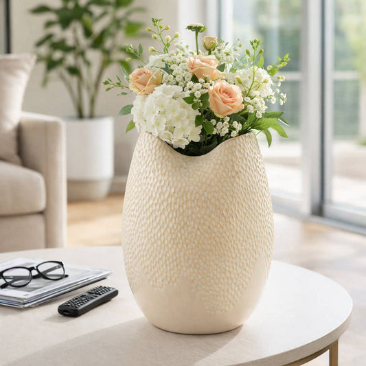 Decorative Vase - Cream Earthenware Textured Oval, 12 in.
