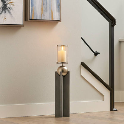 Candle Holder - Gray Wood Pillar with Metal Sphere, 36 in.