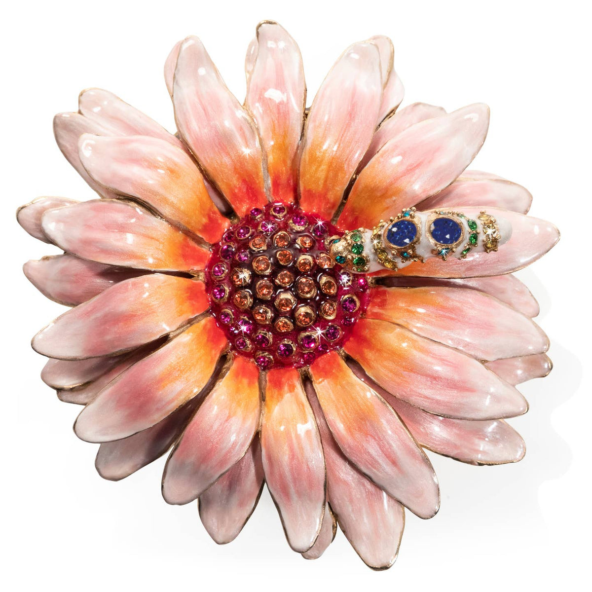 Jay Strongwater Maisie Flower and Caterpillar Decorative Box, Pink Swarovski Crystal Enamel Gold-Finished