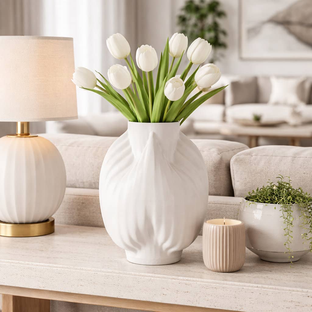 Decorative Vase - Ivory Porcelain 3D Printed Textured, 13 in.