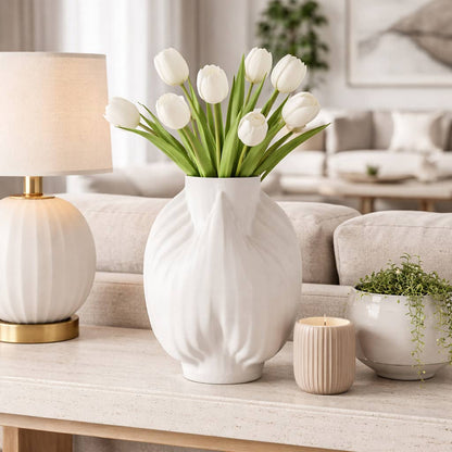 Decorative Vase - Ivory Porcelain 3D Printed Textured, 13 in.