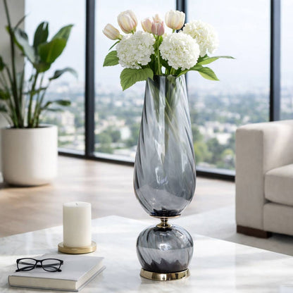 Decorative Vase - Gray Glass with Metal Base, 25 in.