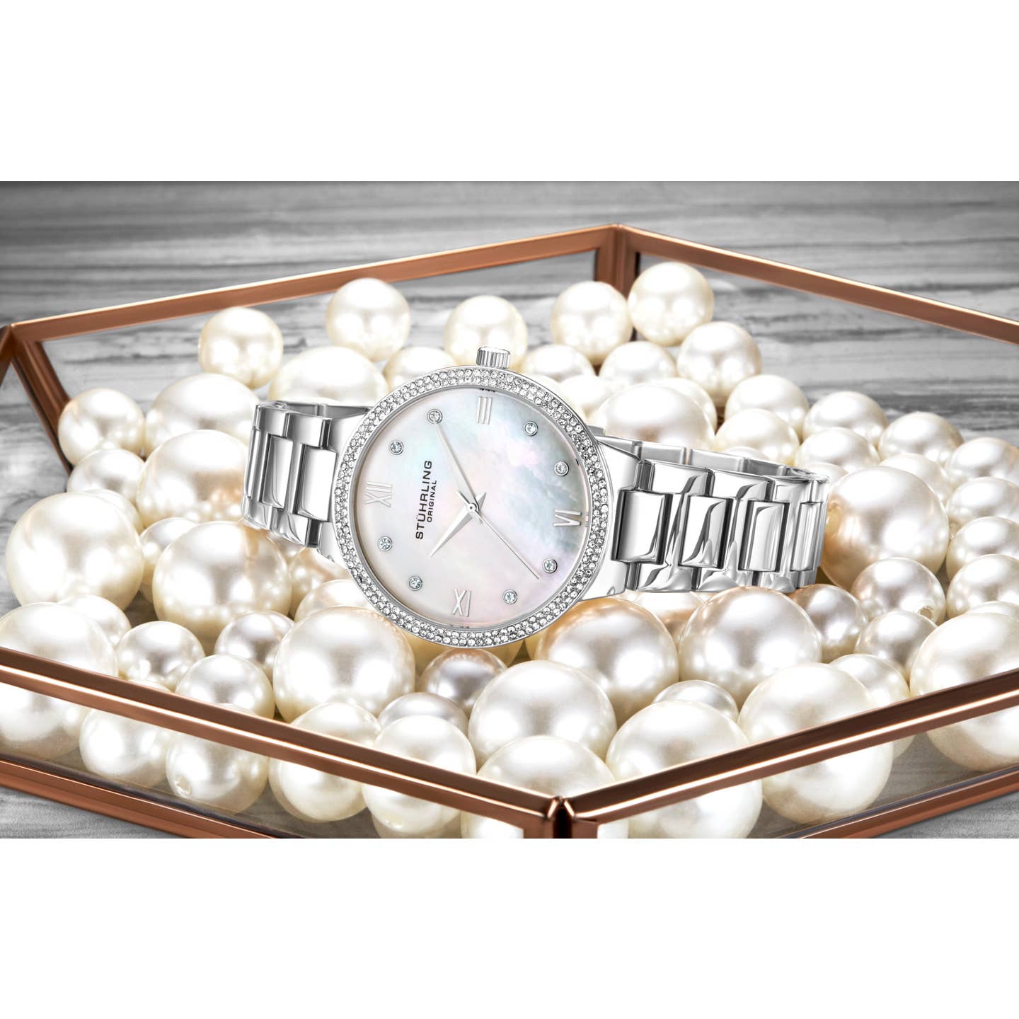 Stuhrling Original Carrara Women's Quartz Watch, 38mm, Silver Mother-of-Pearl Dial, Silver-Tone Stainless Steel Bracelet, Crystal-Accented Bezel