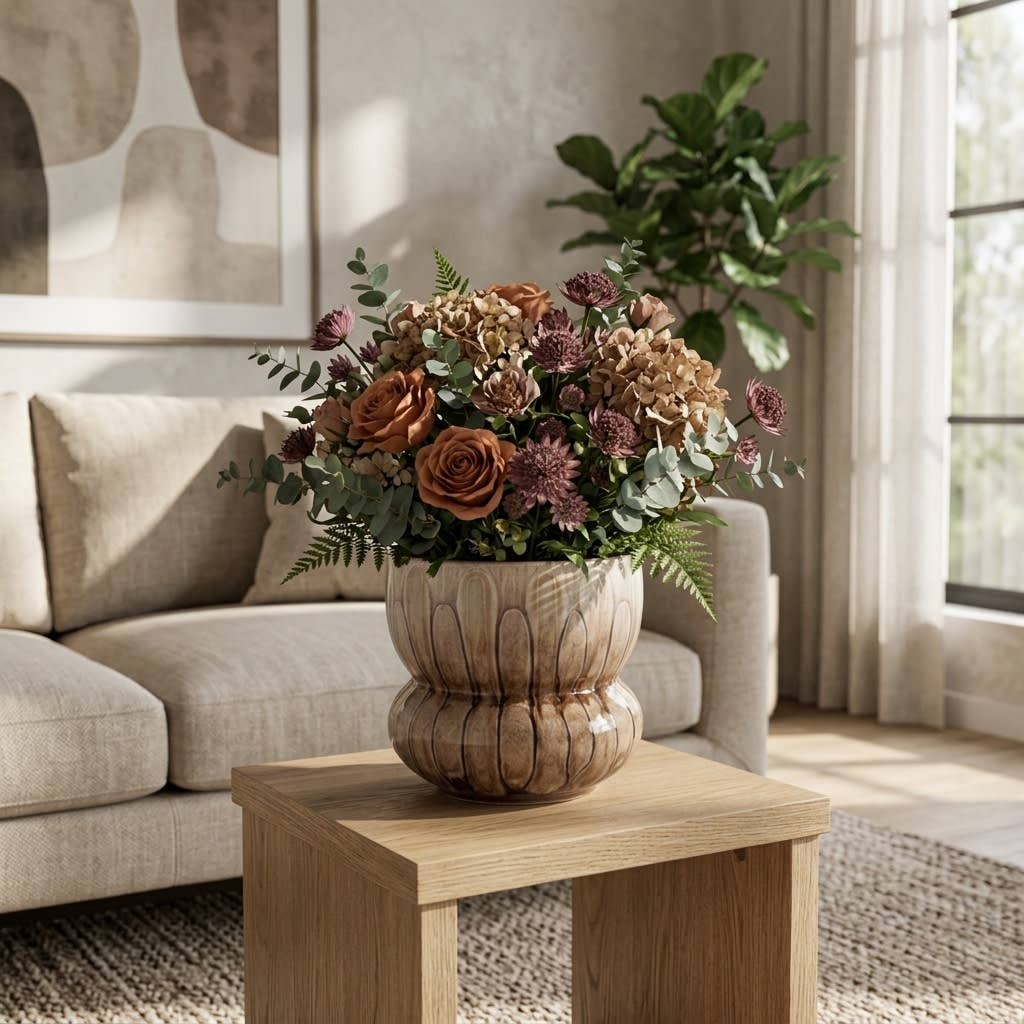 Decorative Vase - Brown Ceramic Sculpted Body, 7 in.