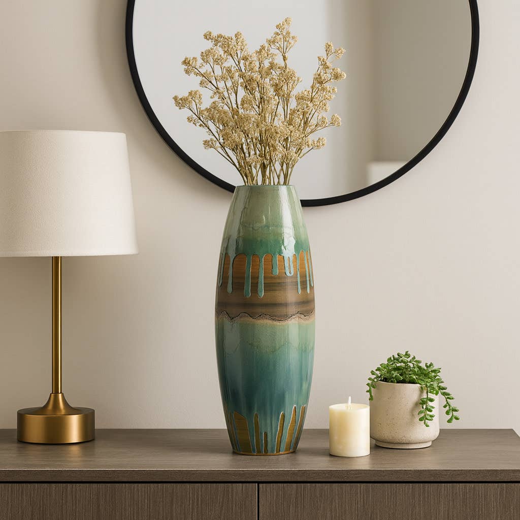 Decorative Vase - Green Ceramic Textured Detailing, 21 in.
