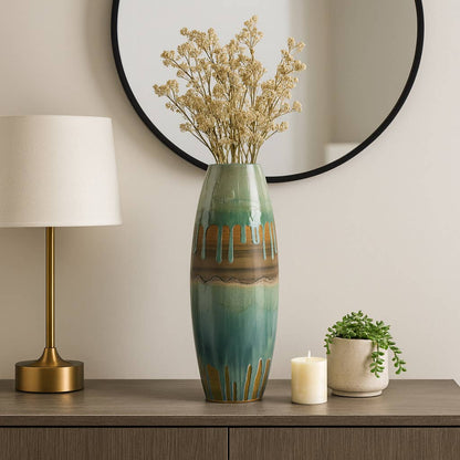 Decorative Vase - Green Ceramic Textured Detailing, 21 in.