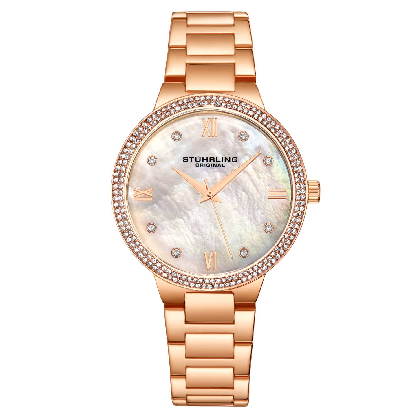 Stuhrling Original Carrara 3907 Women's Quartz Watch, 38mm, Silver Mother-of-Pearl Dial, Silver-Tone Stainless Steel Bracelet, Crystal-Accented Bezel