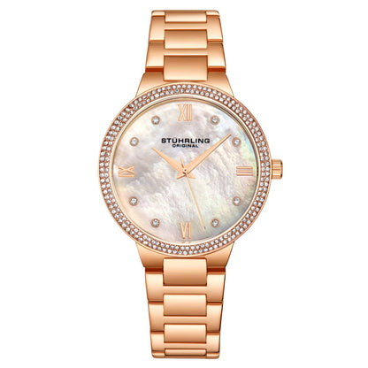 Stuhrling Original Carrara 3907 Women's Quartz Watch, 38mm, Silver Mother-of-Pearl Dial, Silver-Tone Stainless Steel Bracelet, Crystal-Accented Bezel