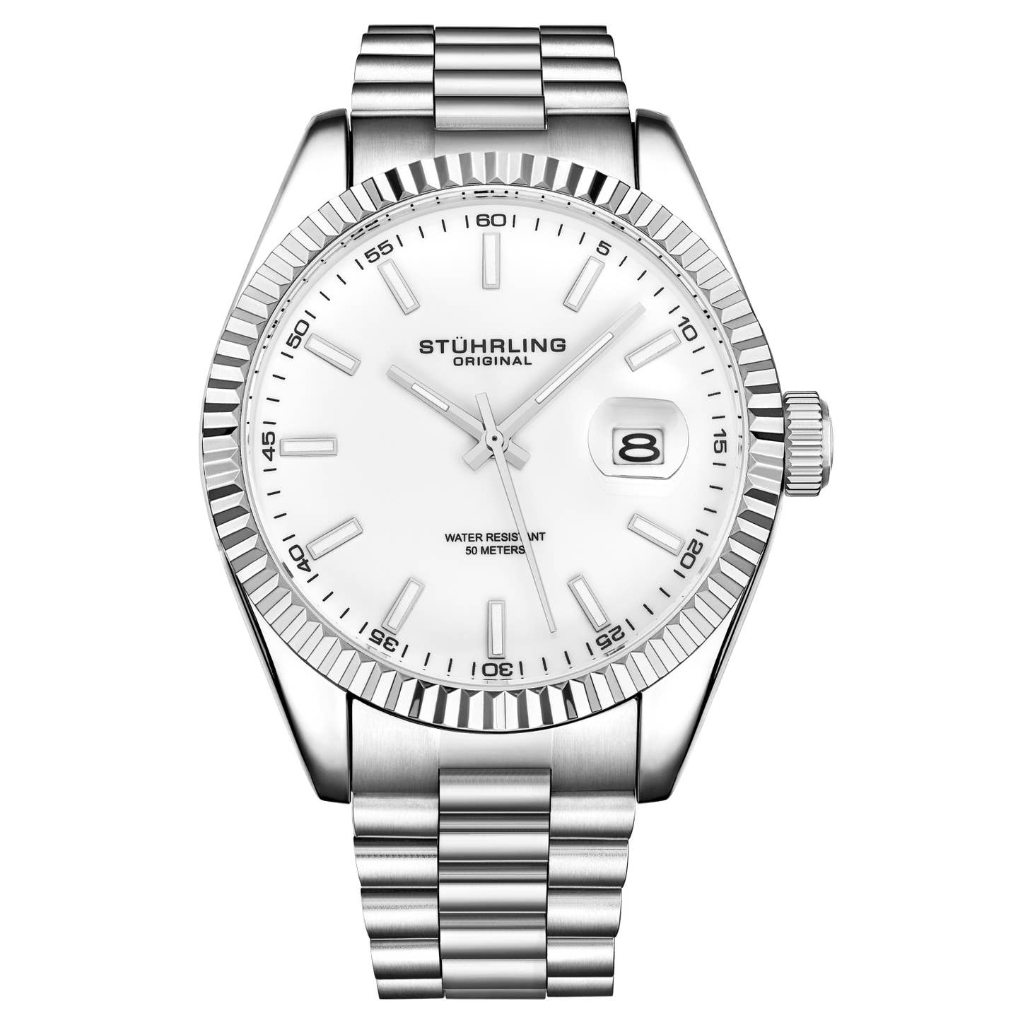 Stuhrling Original Lineage Men's Quartz Classic Watch, White Dial, Silver Bezel, Silver Bracelet