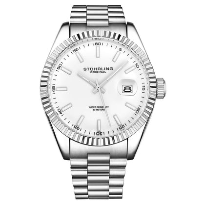 Stuhrling Original Lineage Men's Quartz Classic Watch, White Dial, Silver Bezel, Silver Bracelet
