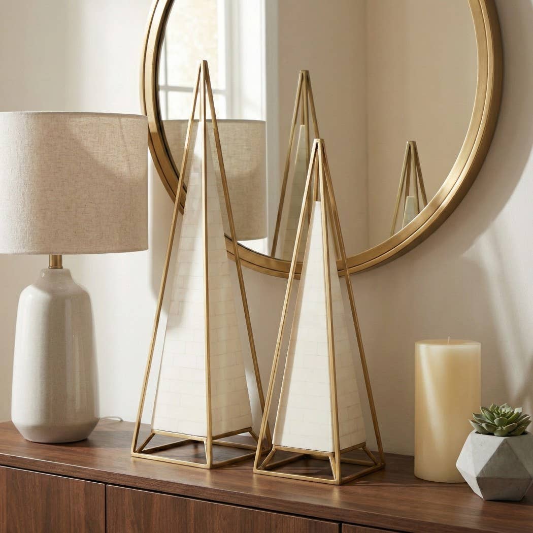 Sculptures Set of 2 - Gold Resin Metal Pyramid, 21/26 in.