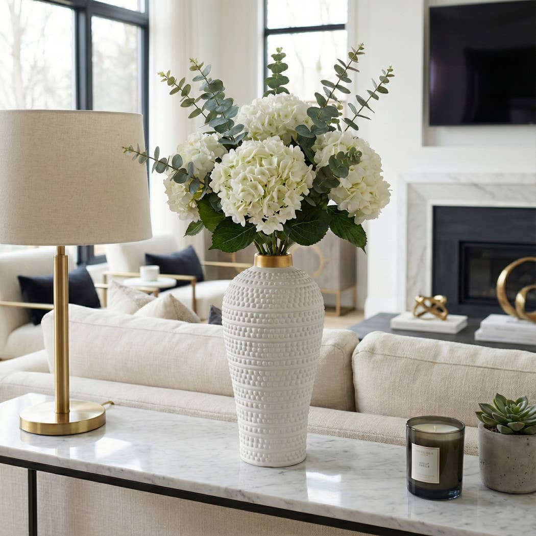 Decorative Vase - White Ceramic Textured Modern, 12 in.