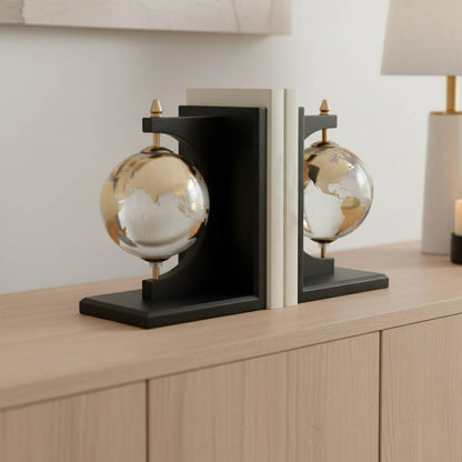 Bookends Set of 2 - Black Wood Glass Globe Design, 9 in.