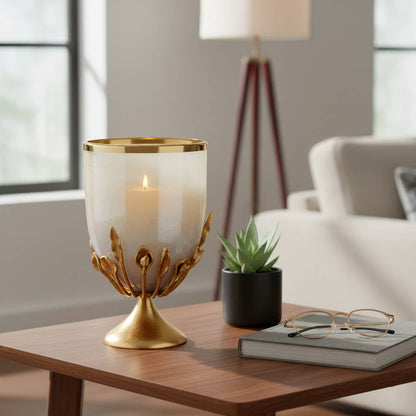 Candle Holder - Gold Glass Metal Frame Hurricane, 15 in.