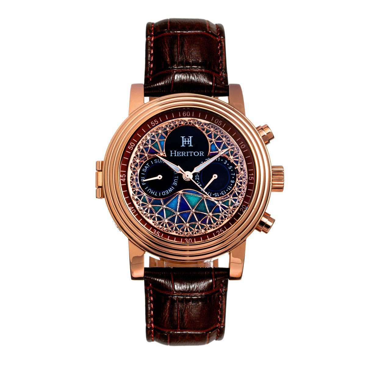 Heritor Legacy Men's Automatic Day-Date Leather Watch, Rose Gold/Brown