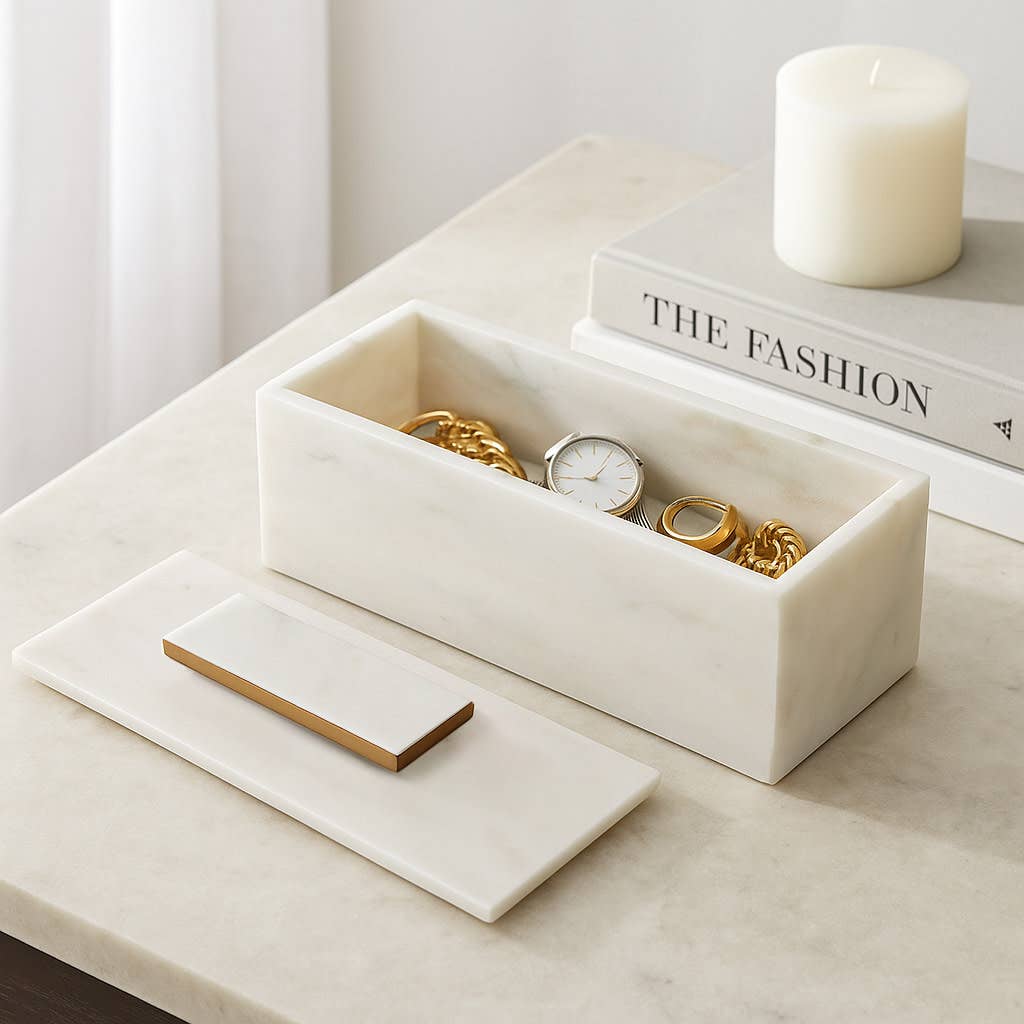 Decorative Box - White Marble with Metal Gold Lid, 16 in.