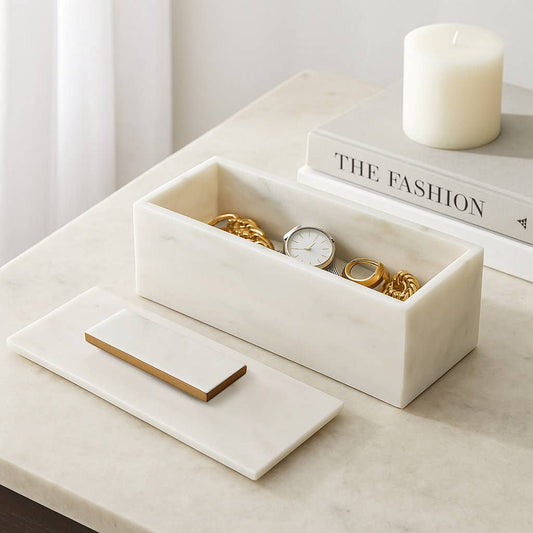 Decorative Box - White Marble with Metal Gold Lid, 16 in.