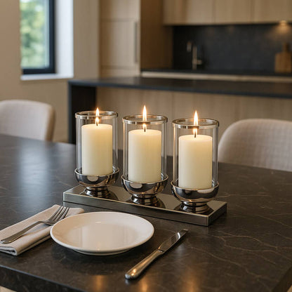 Candle Holder - Silver Metal 3-Candle Centerpiece, 16 in.