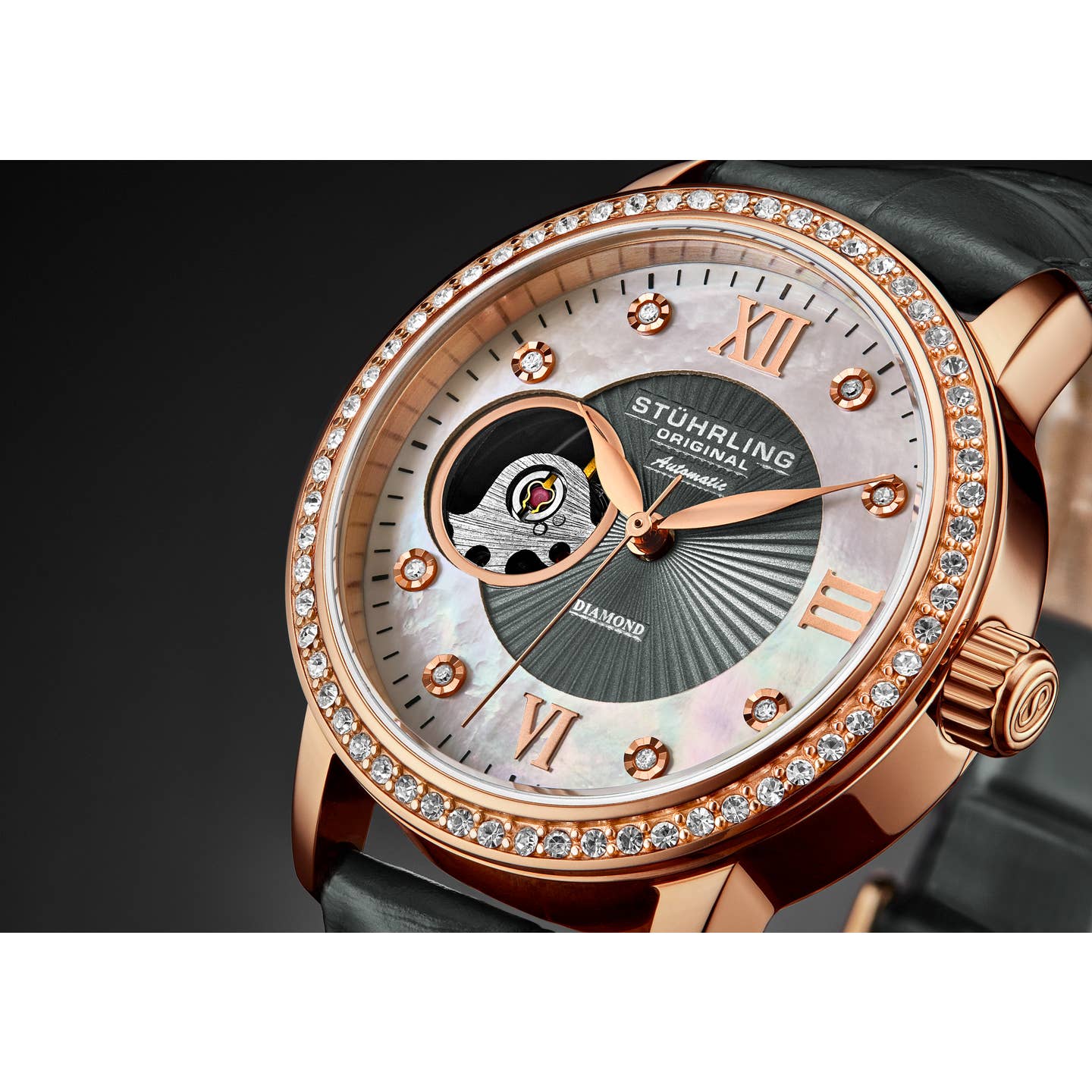 Stuhrling Original Legacy Women's Automatic Watch, 34mm, White Mother-of-Pearl Dial, Gray Embossed Leather Strap, Skeleton Dial