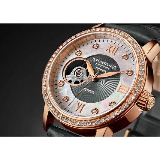 Stuhrling Original Legacy Women's Automatic Watch, 34mm, White Mother-of-Pearl Dial, Gray Embossed Leather Strap, Skeleton Dial