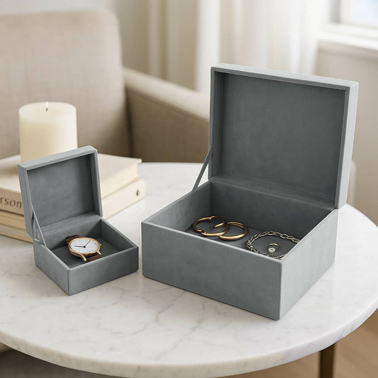 Decorative Box Set of 2 - Blue Suede with Stone Knob 7/9 in