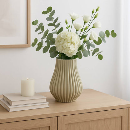 Decorative Vase - Green Porcelain Ribbed 3D Printed, 11 in.