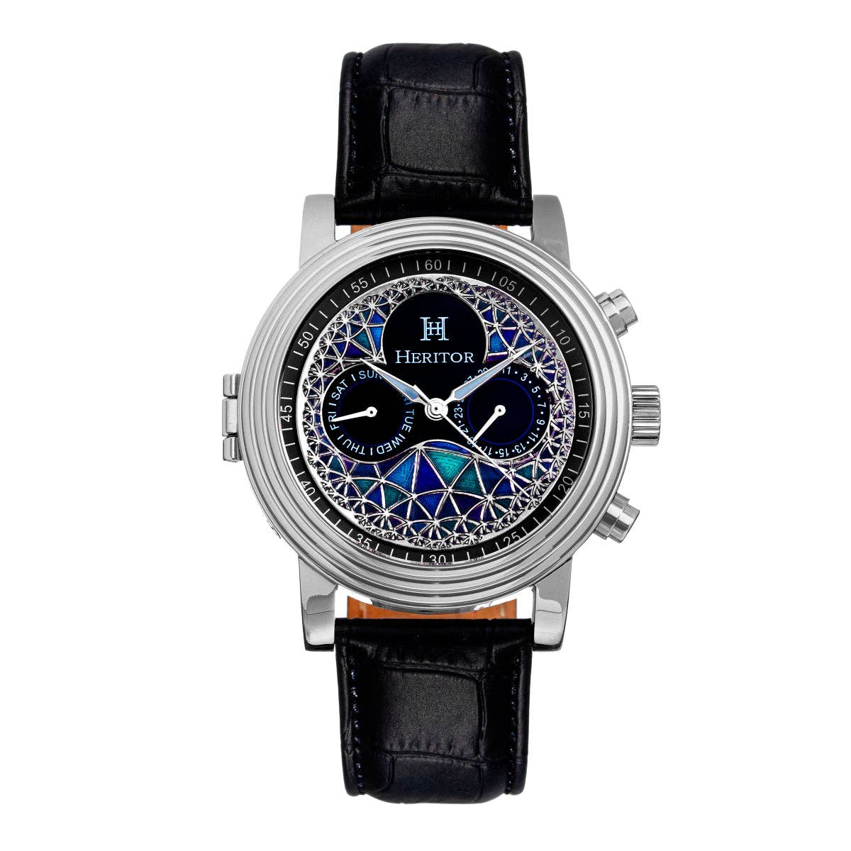Heritor Legacy Men's Automatic Day-Date Leather Watch, Silver/Black