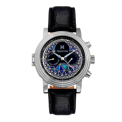 Heritor Legacy Men's Automatic Day-Date Leather Watch, Silver/Black