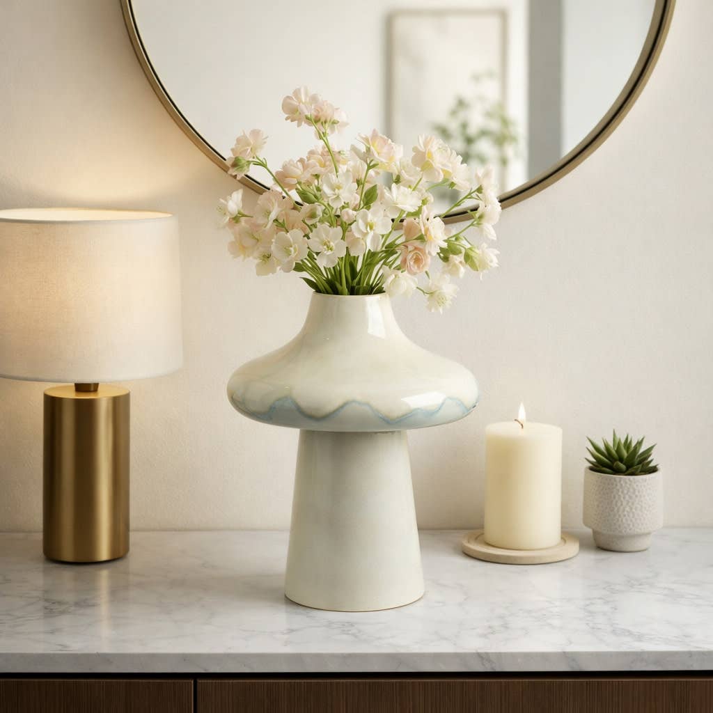 Decorative Vase - Beige Ceramic Sculptural Design, 16 in.