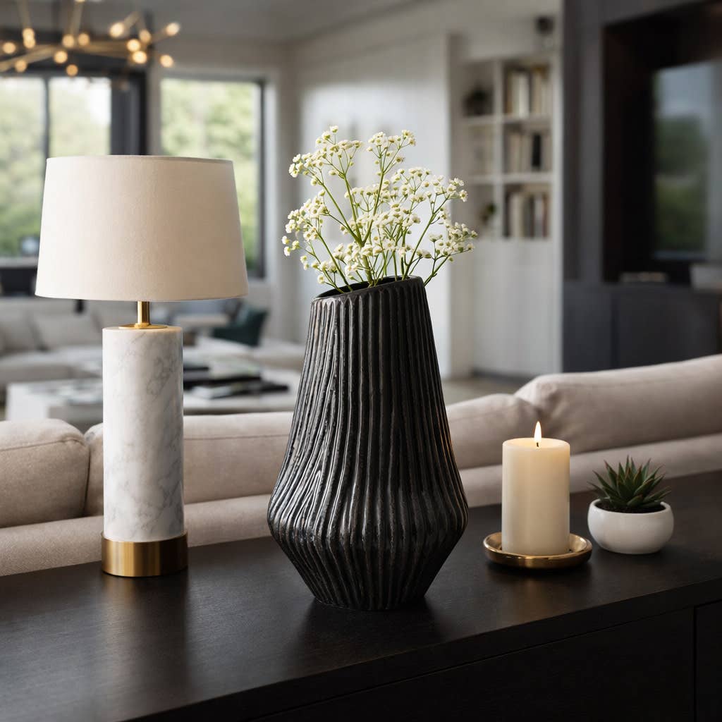 Decorative Vase - Black Ceramic Stylish Textured, 14 in.