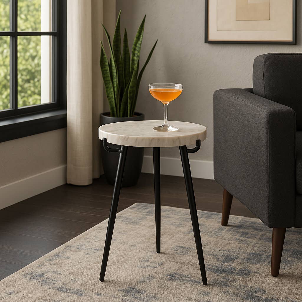 Side Table - White/Black Marble Top with Metal Legs, 21 in.