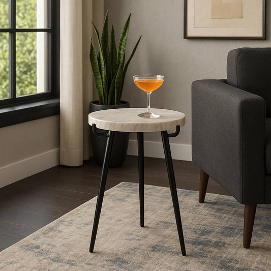 Side Table - White/Black Marble Top with Metal Legs, 21 in.