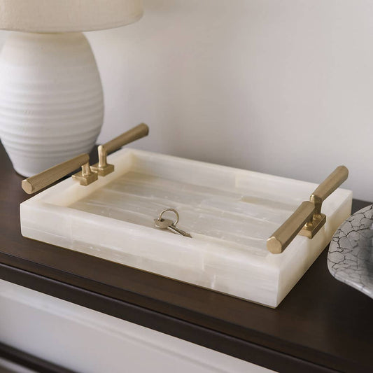 Decorative Tray - Gold & White Selenite Stone, 14 in.