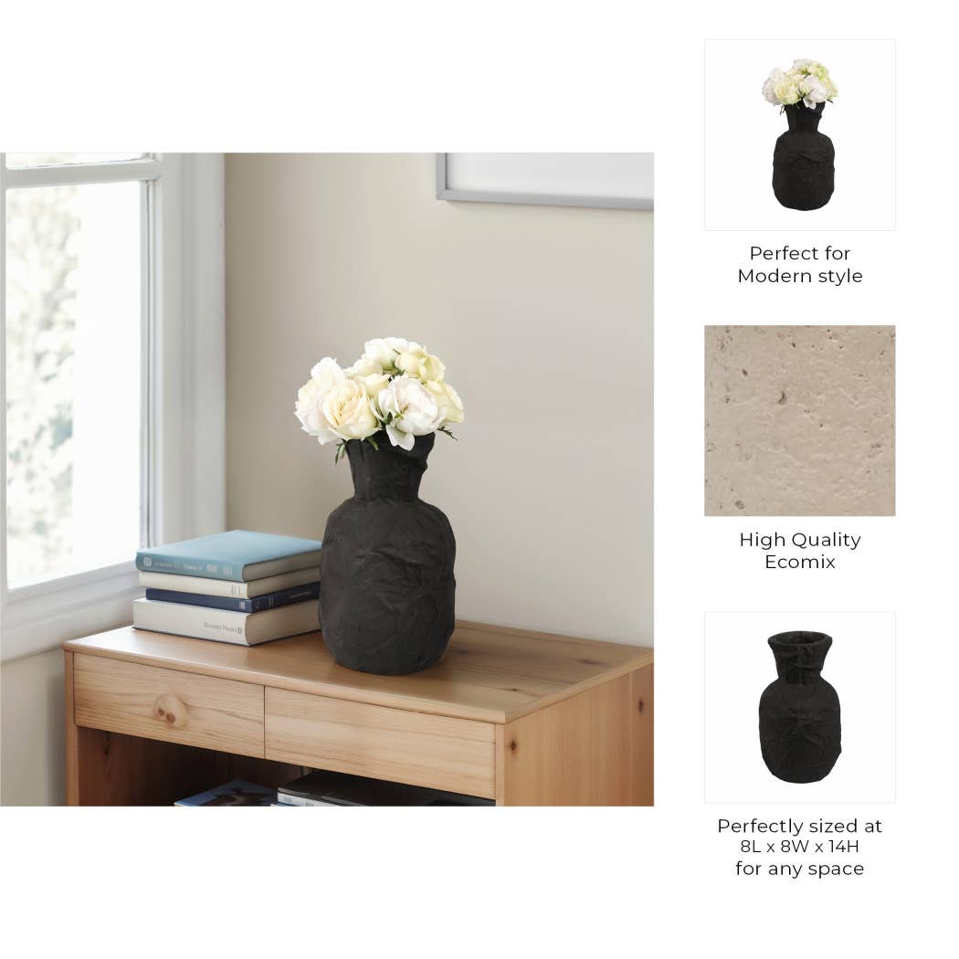 Decorative Vase - Black Ceramic Large Sculpted, 14 in.