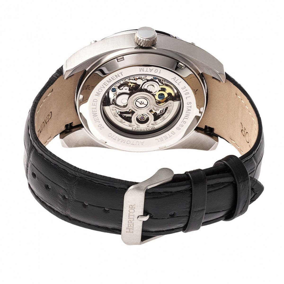 Heritor Daniels Men's Automatic Semi-Skeleton Leather Watch, Silver/Black