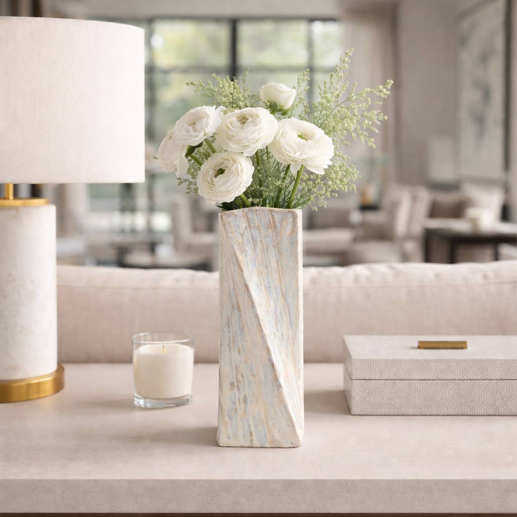 Decorative Vase - Ivory/Brown Ceramic Twist Design, 11 in.