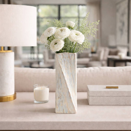 Decorative Vase - Ivory/Brown Ceramic Twist Design, 11 in.