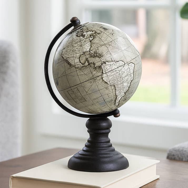 Decorative Globe - Black/Green Wood World Map Design, 7 in.