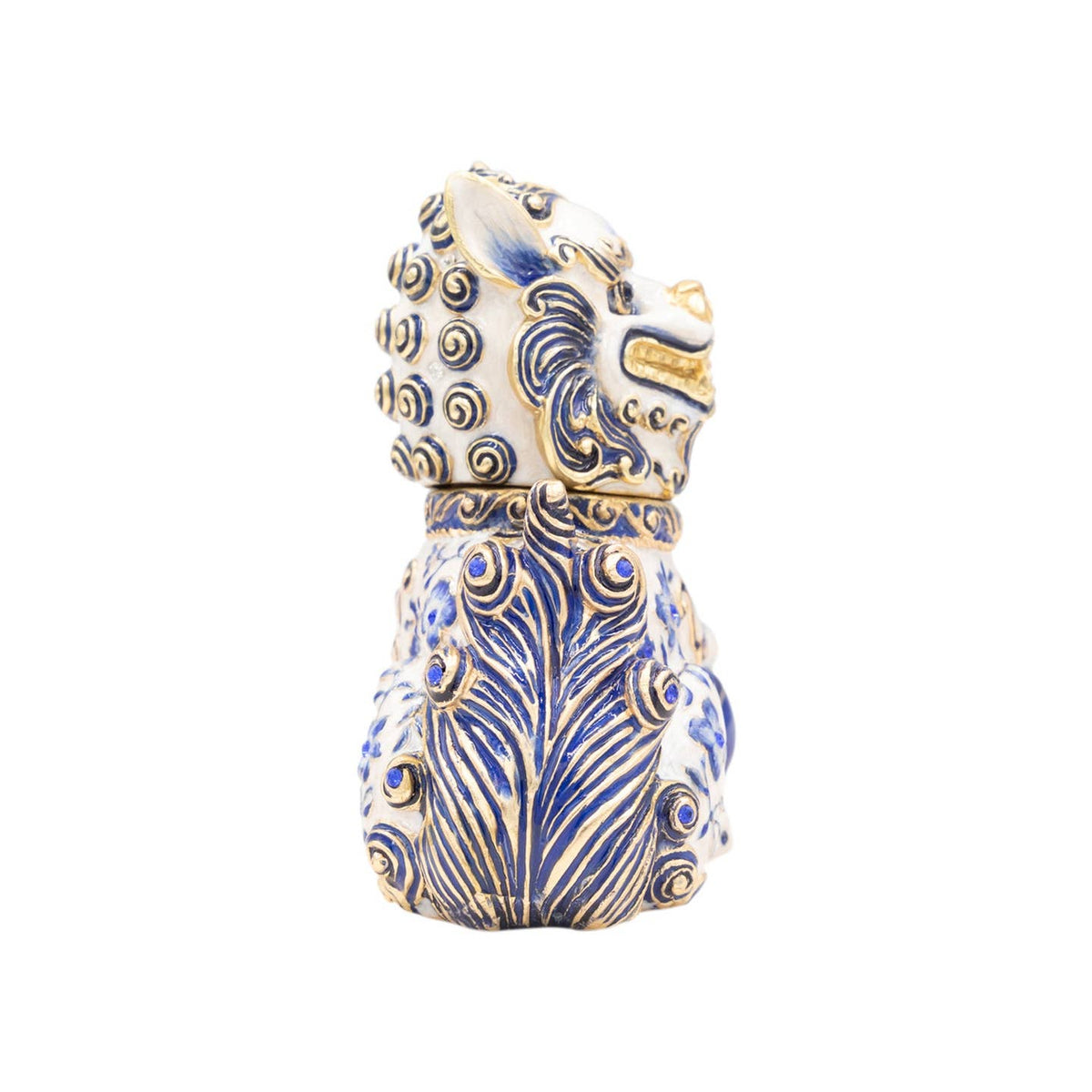 Jay Strongwater Shi Foo Dog Decorative Box, Blue Flower Austrian Crystal Enamel Gold-Finished