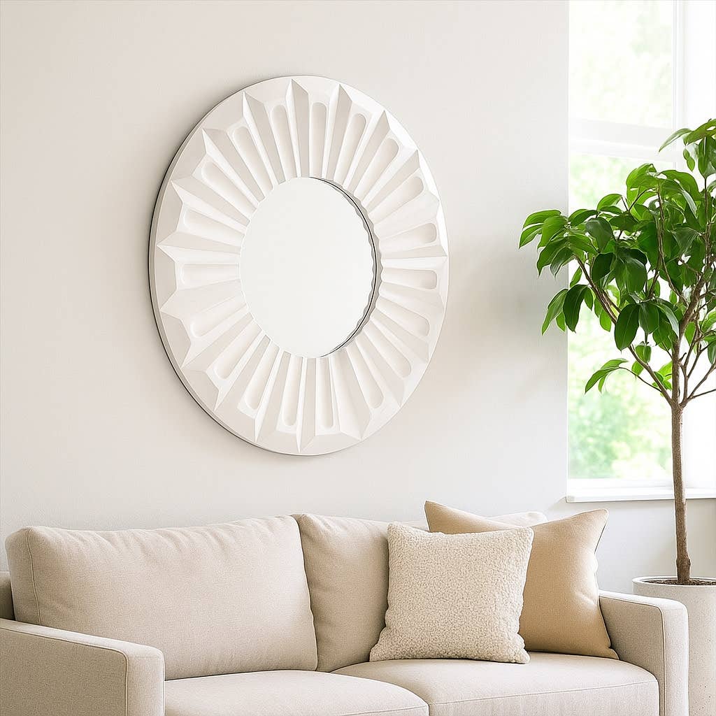 Wall Mirror - Ivory Wood Round Sculptured Carved, 36 in.