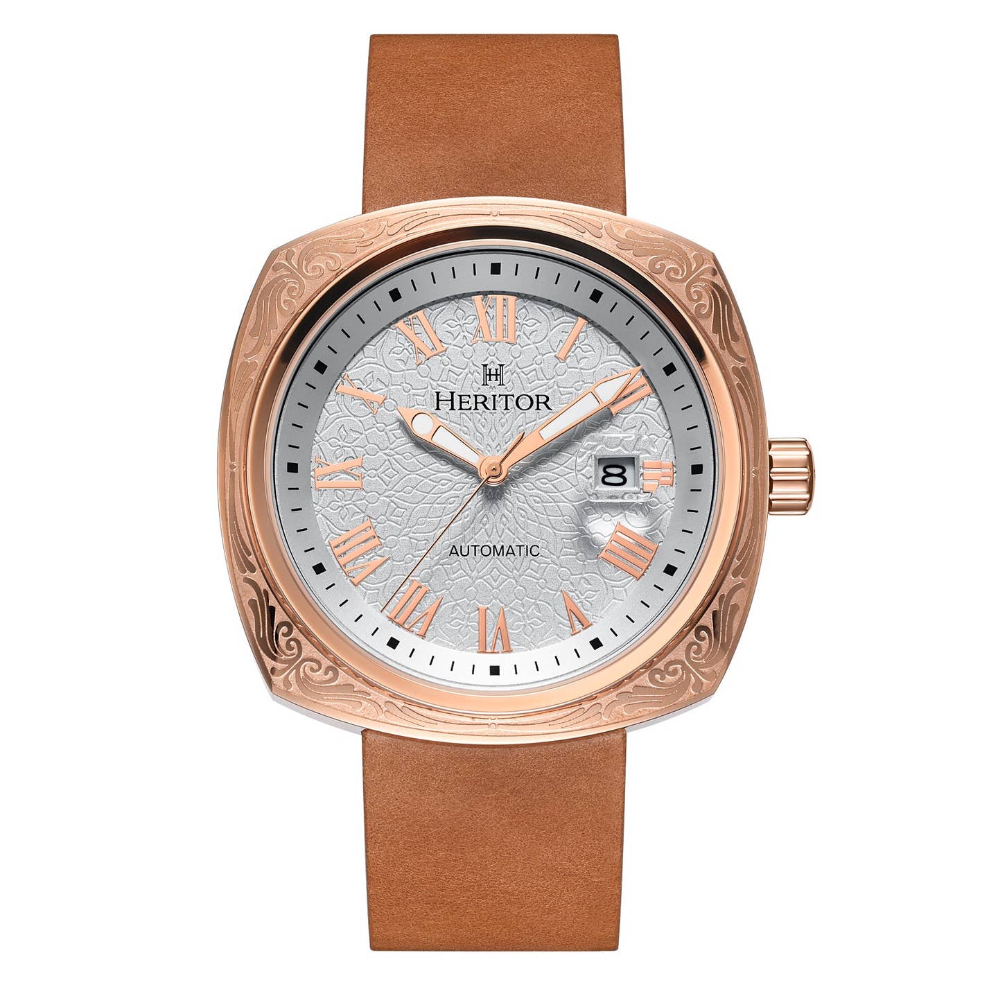 Heritor Davenport Men's Automatic Engraved-Case Leather Watch, Style HERHS3204